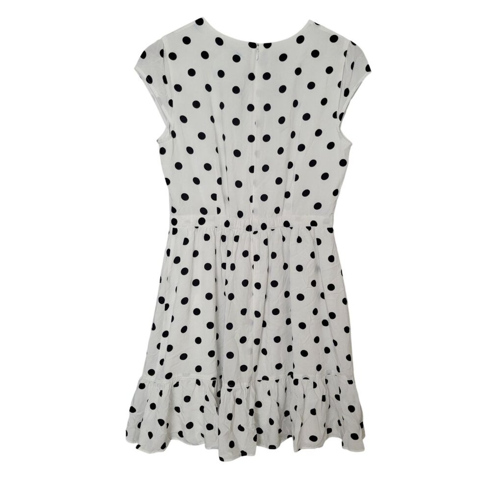 J. Crew Faux Wrap Dress Fawn Polka Dot Ruffle Size 4 White Black Cap Sleeve - Picture 2 of 9